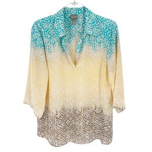 Chicos 2 Blouse Womens Large Blue Yellow Ikat Tunic Popover Lightweight Resort